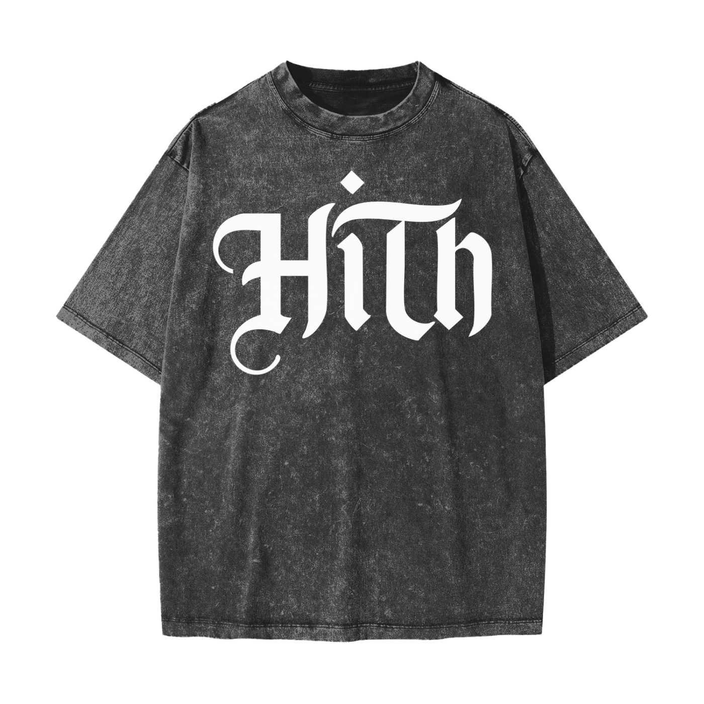 Close-up of waxed and dyed finish on the BORNGOATD HITH streetwear t-shirt
