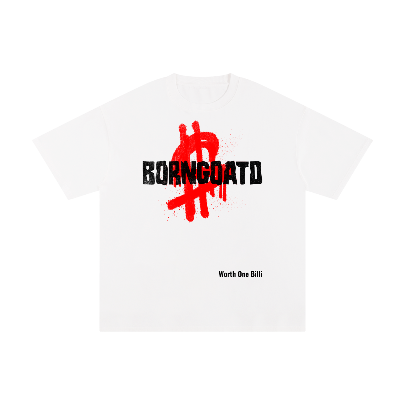 Front view of BORNGOATD Rich Spirit Tee with oversized graphic