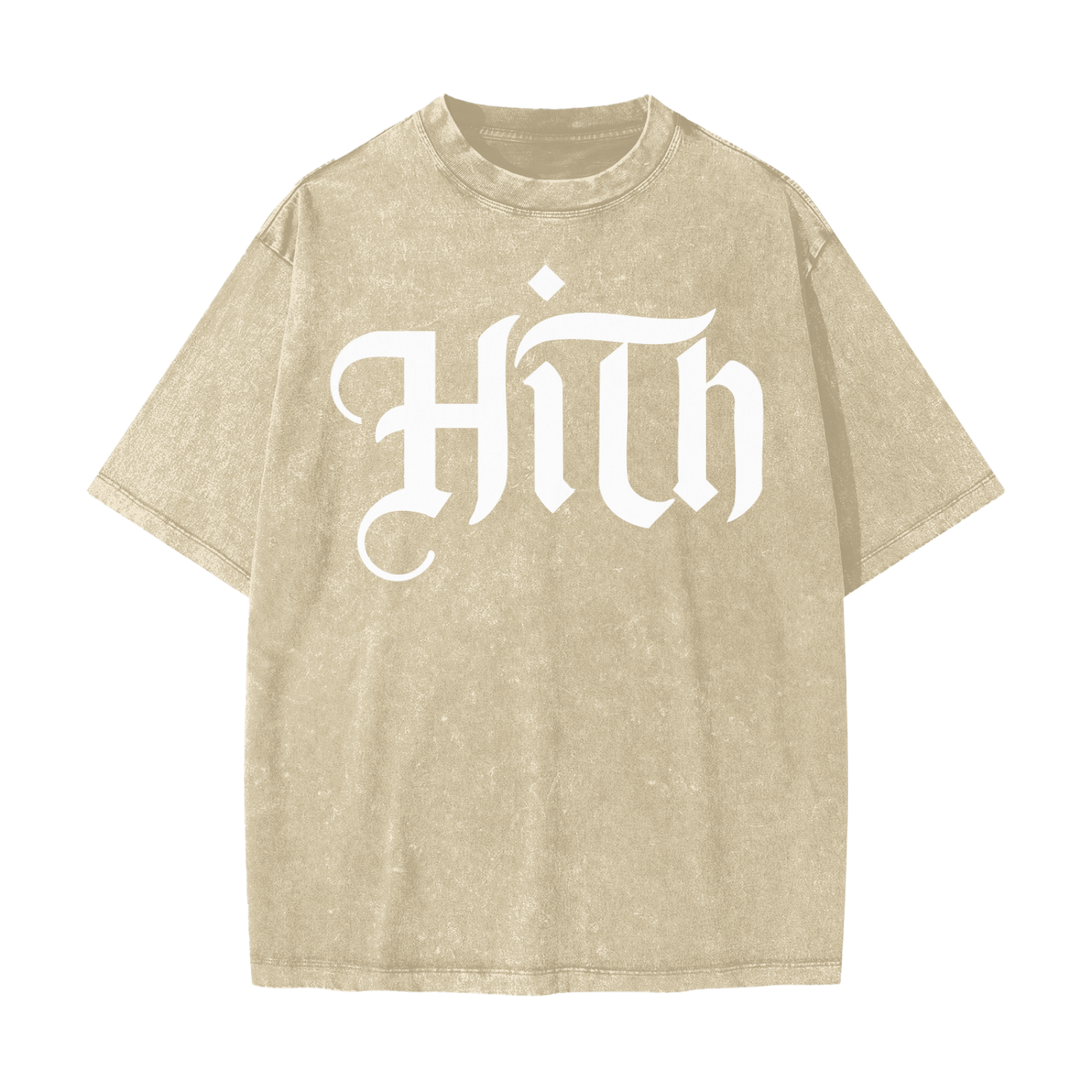 Front view of BORNGOATD HITH Heavyweight Tee with oversized gothic chest graphic