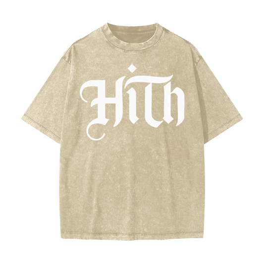 Front view of BORNGOATD HITH Heavyweight Tee with oversized gothic chest graphic