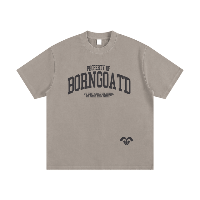 Front view of Property of BORNGOATD Tee with oversized chest graphic