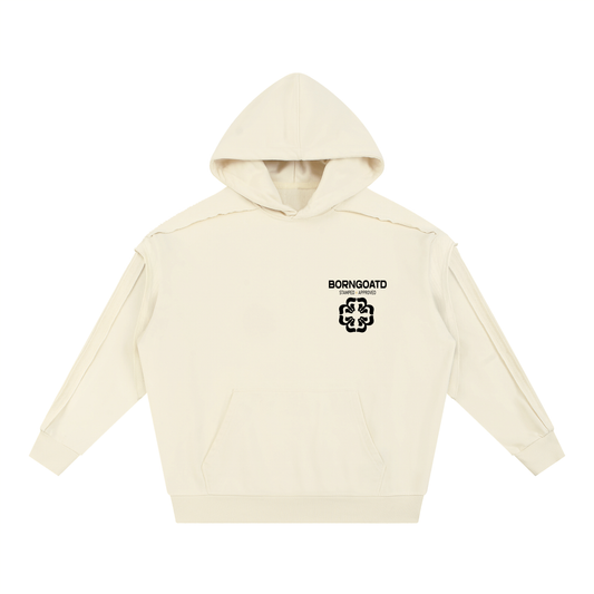 Front view of BORNGOATD Stamped x Approved Hoodie in cream with chest logo