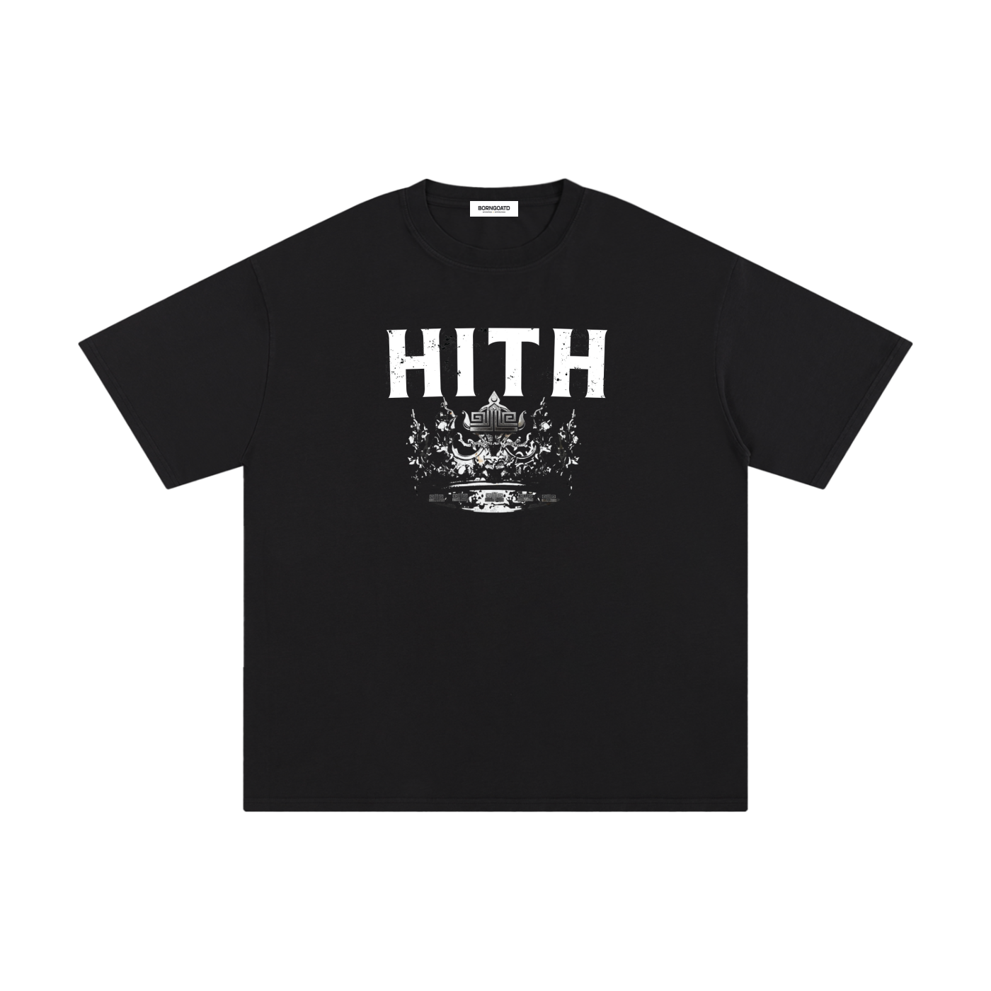 BORNGOATD HITH Crown Tee in black with oversized back crown graphic and minimalist HITH chest print.