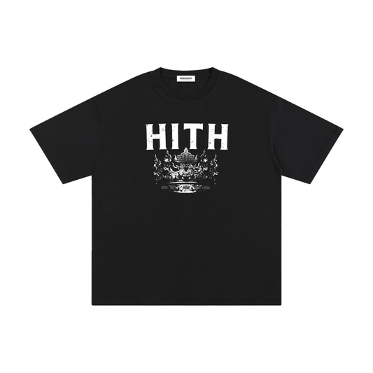 BORNGOATD HITH Crown Tee in black with oversized back crown graphic and minimalist HITH chest print.
