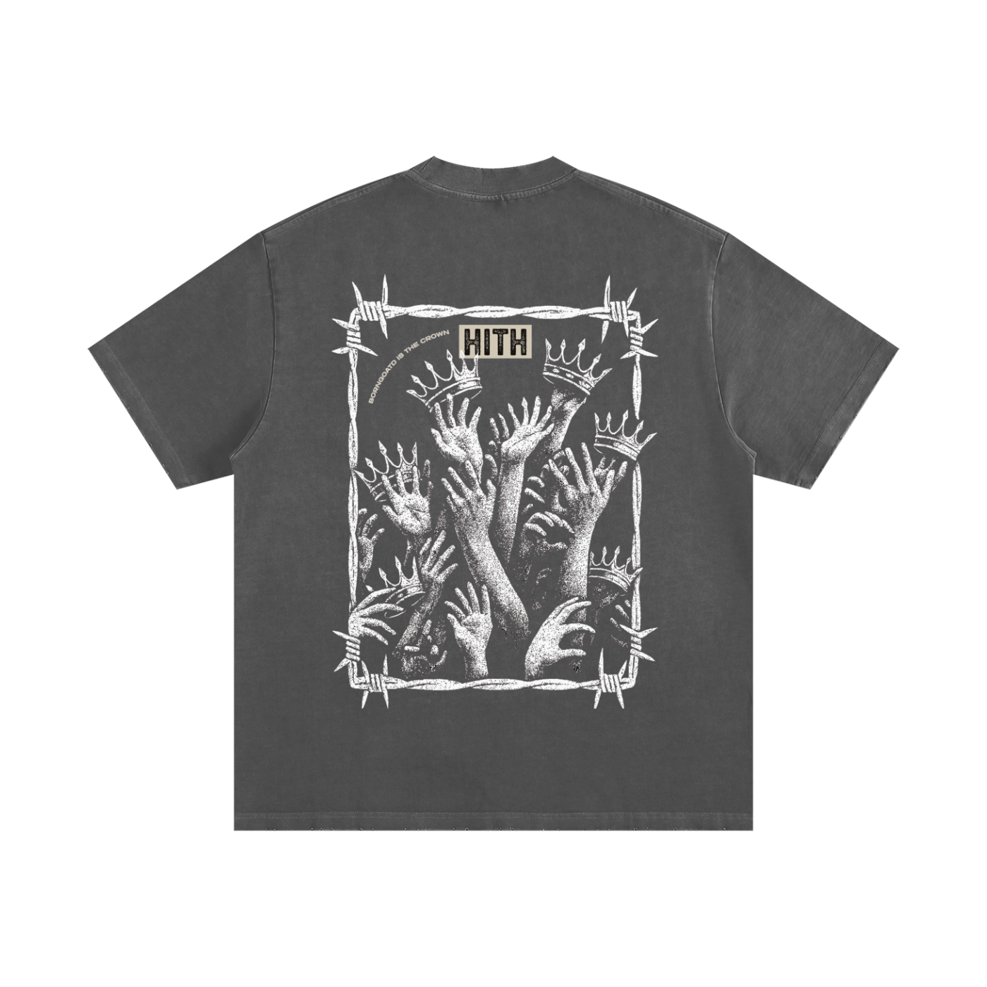 Back view of HITH Reach for the Crown Tee featuring crown artwork framed in barbed wire