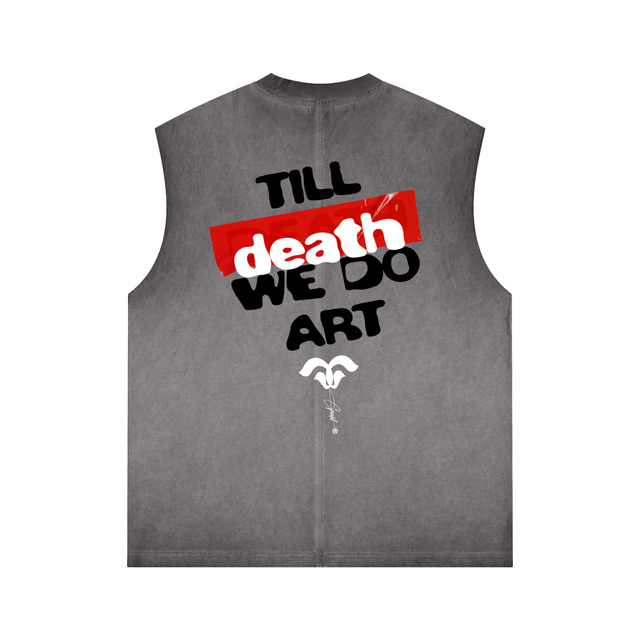 Close-up of raw-edge sleeveless design and heavyweight cotton texture