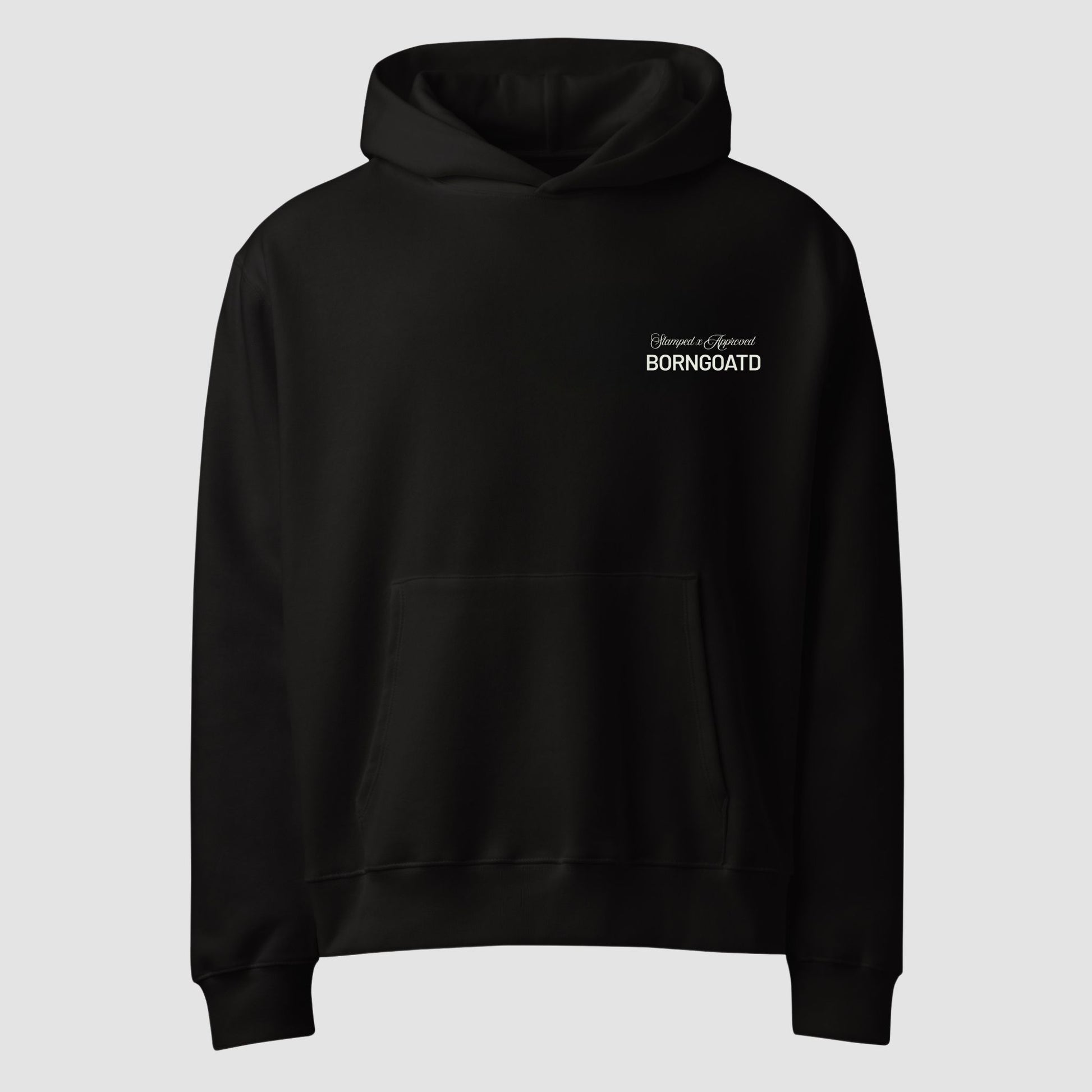 Front view of STAMPED X APPROVED Logo Hoodie with chest logo and sleeve graphics