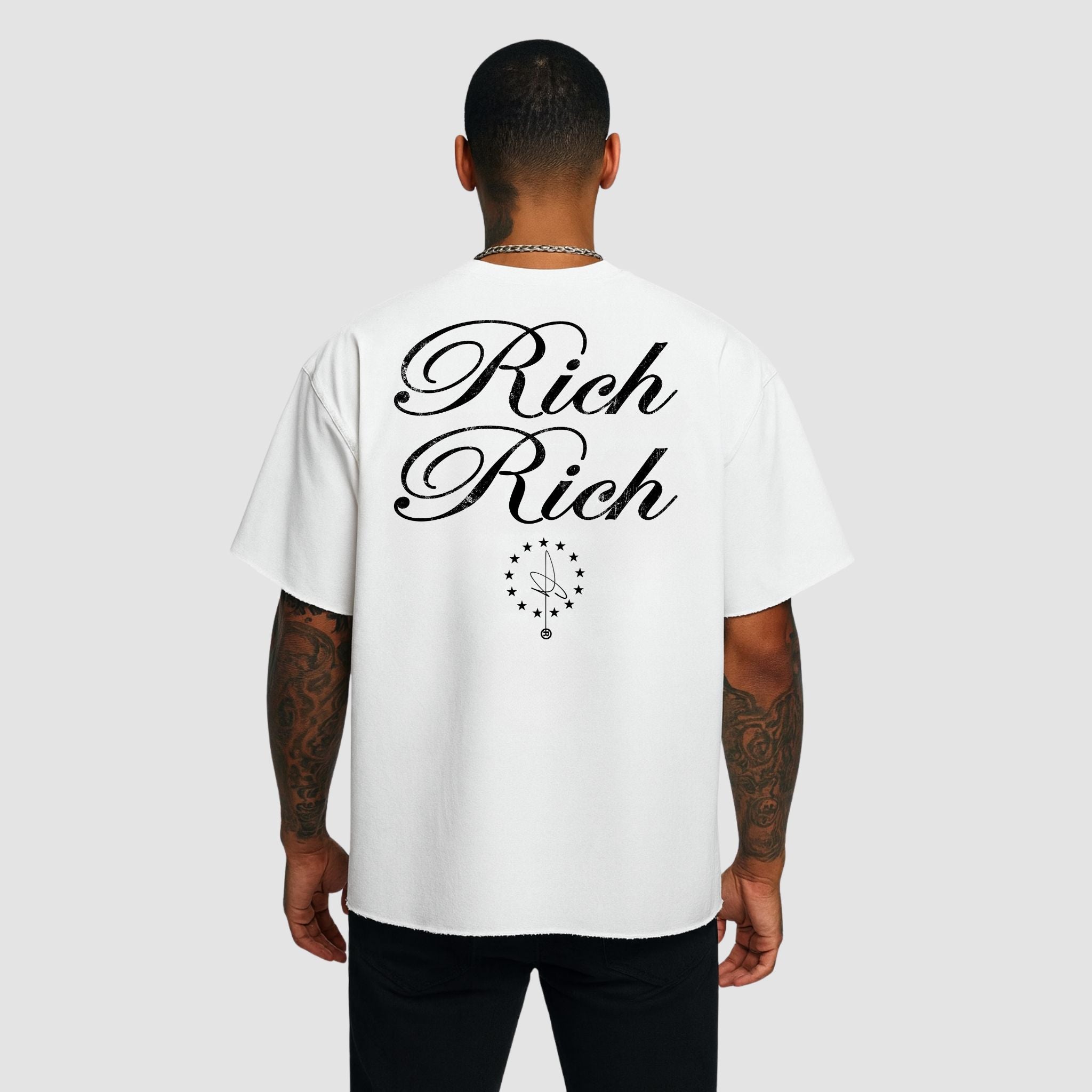 Back view of Rich Rich Tee with oversized Rich Rich lettering