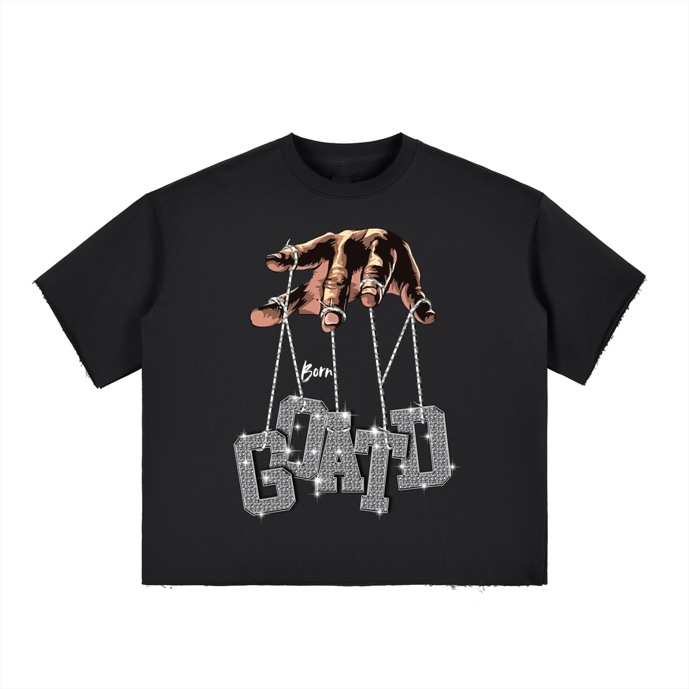 Front view of BORNGOATD Puppet Strings Tee with oversized diamond GOATD graphic
