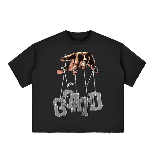 Front view of BORNGOATD Puppet Strings Tee with oversized diamond GOATD graphic