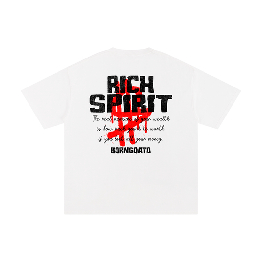 Back view of Rich Spirit Tee with wealth mantra print