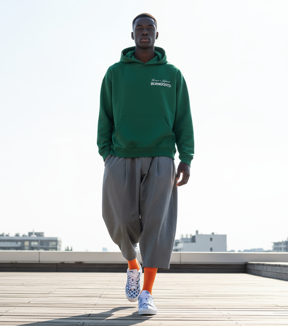 Model wearing BORNGOATD Stamped x Approved Hoodie, relaxed fit.