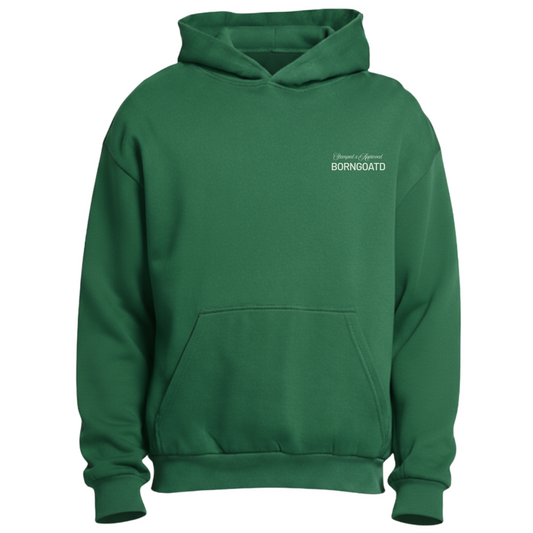 Front view of BORNGOATD Stamped x Approved Hoodie with chest logo.