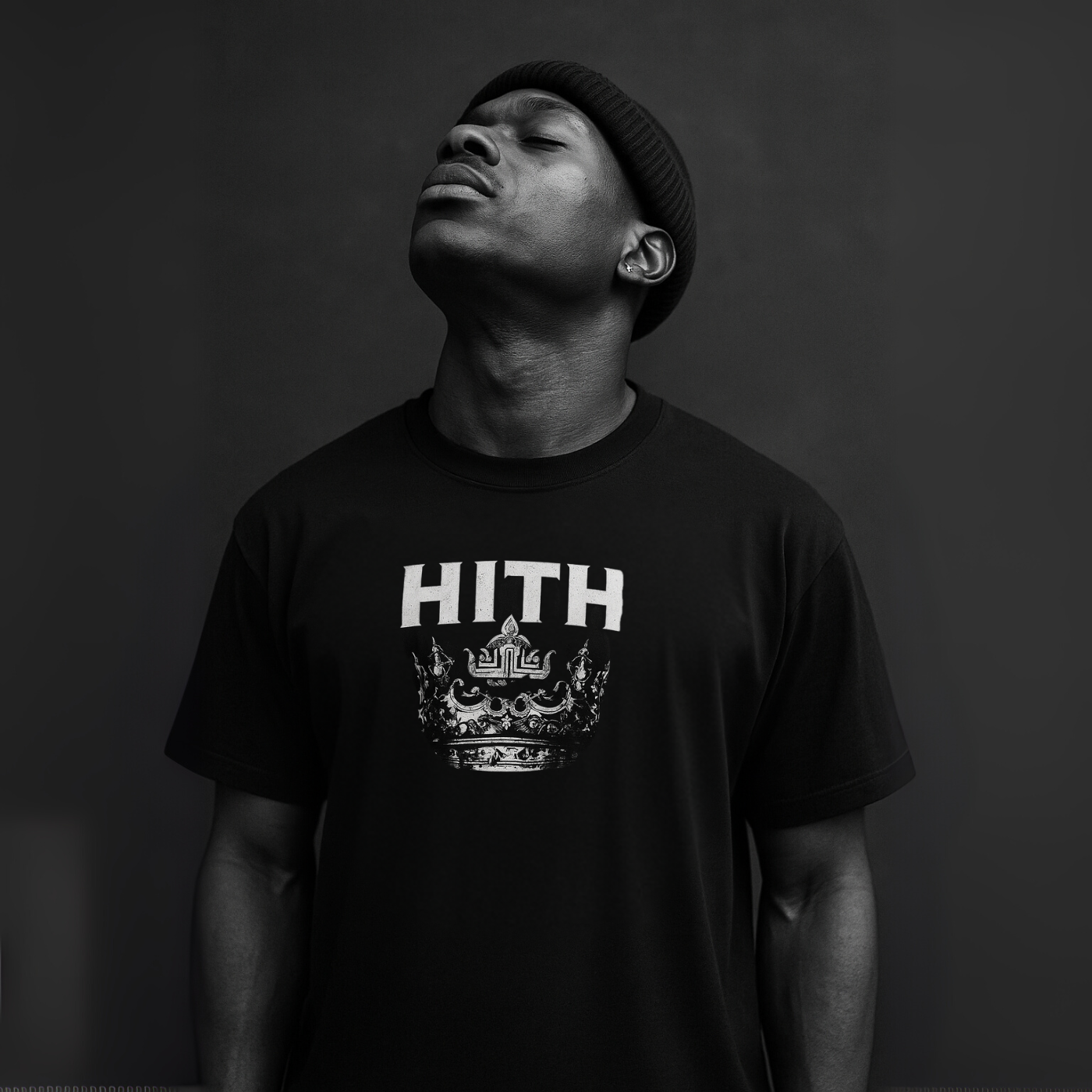 Heavyweight streetwear tee from BORNGOATD with back crown print and front HITH chest logo, representing Heavy is the Head
