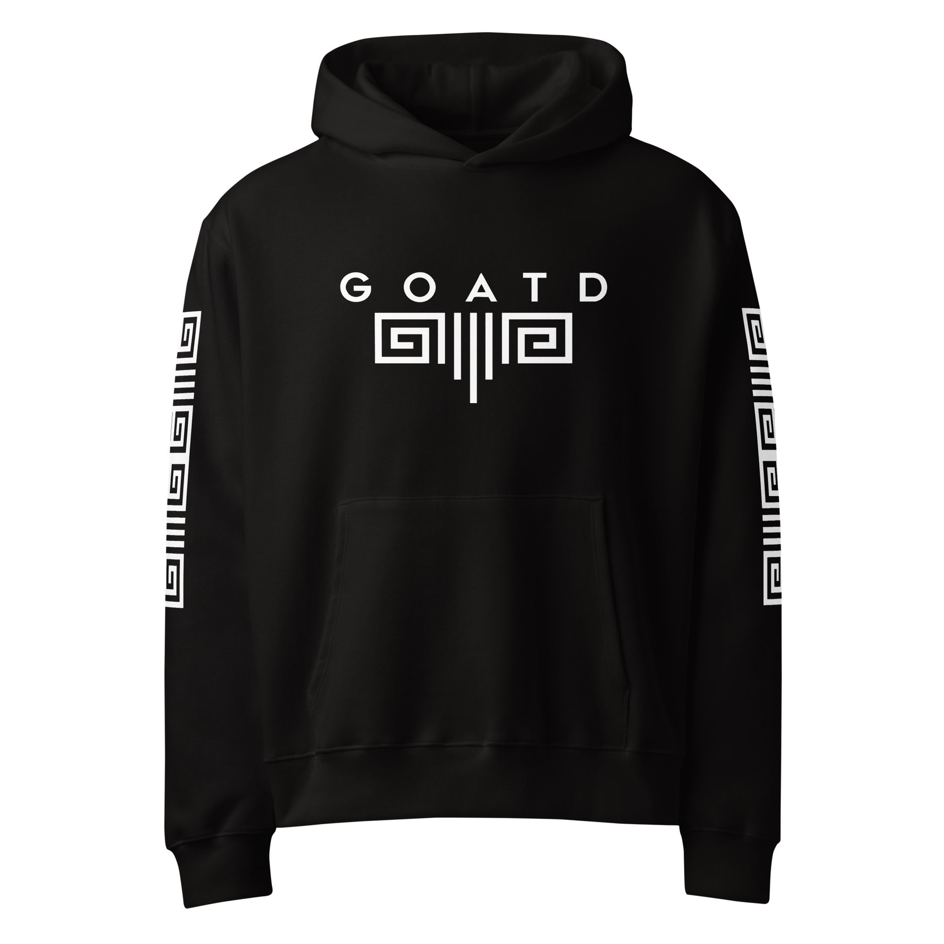 Front view of BORNGOATD Original Logo Hoodie with chest logo and sleeve graphics