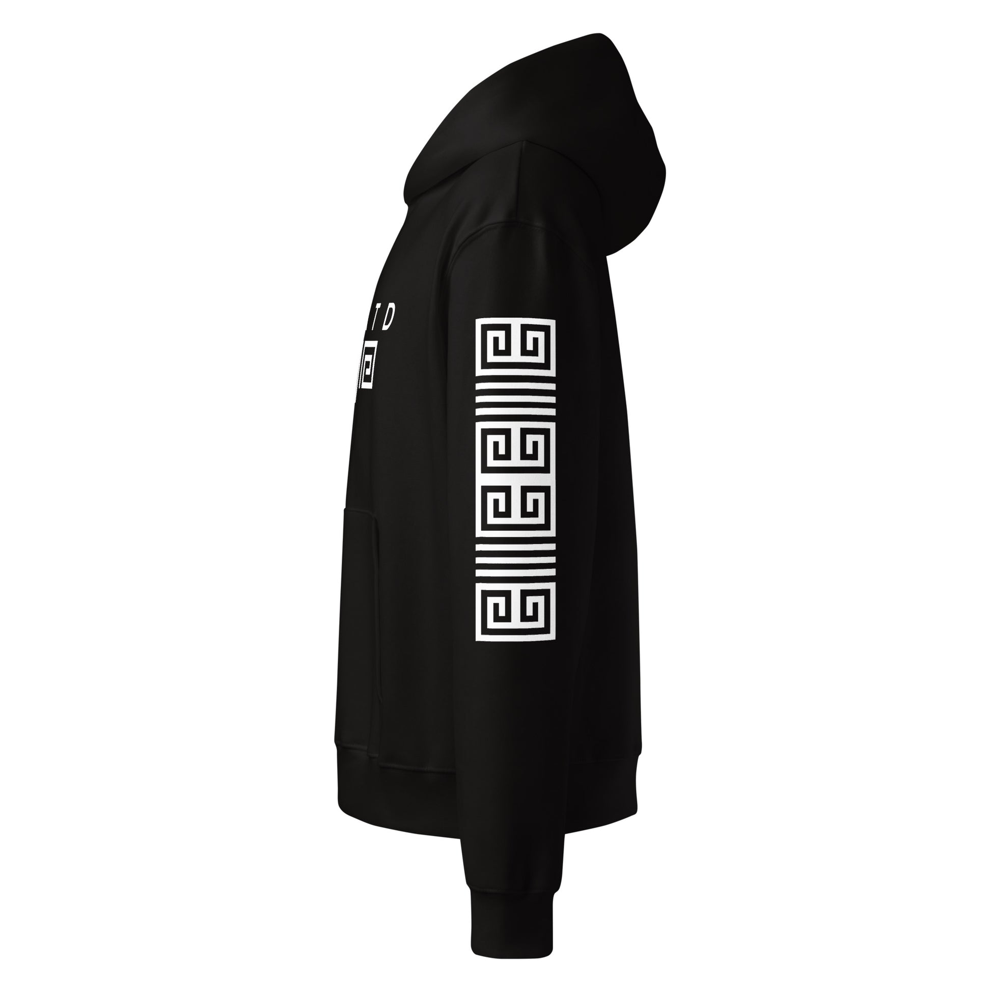Close-up of sleeve logo details on BORNGOATD heavyweight hoodie