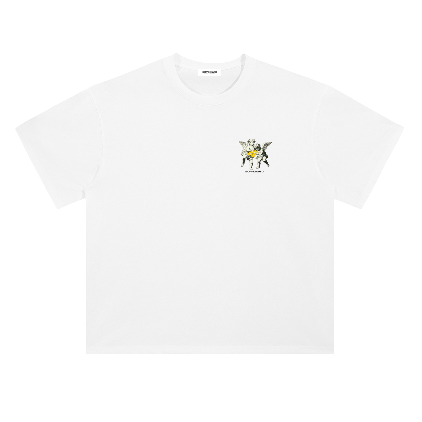 BORNGOATD white heavyweight drop shoulder t-shirt with front and back cherub artwork and premium screen print details