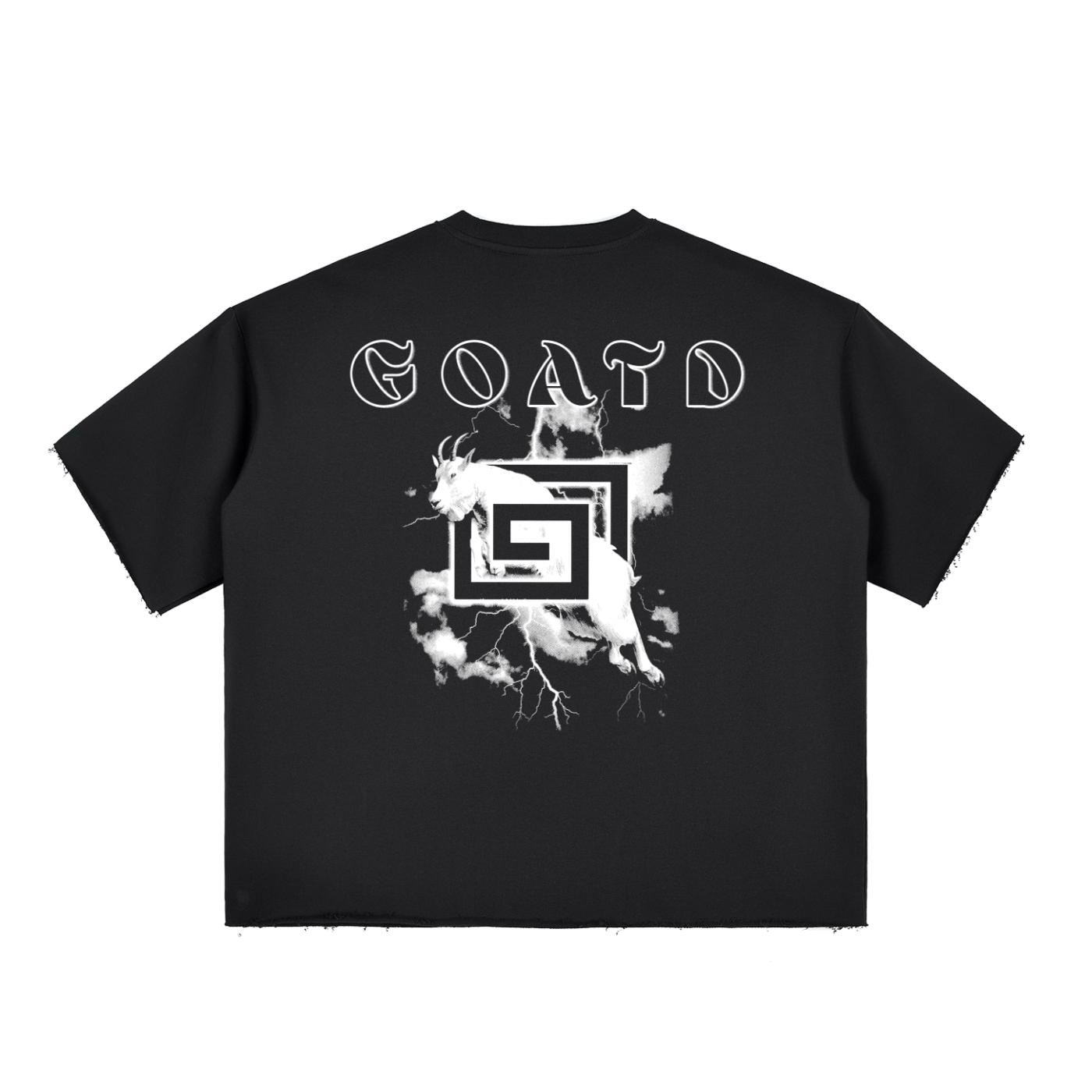 Back View of GOATD Raw Edge Tee in Black with Bold Back Graphic.