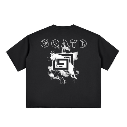 Back View of GOATD Raw Edge Tee in Black with Bold Back Graphic.