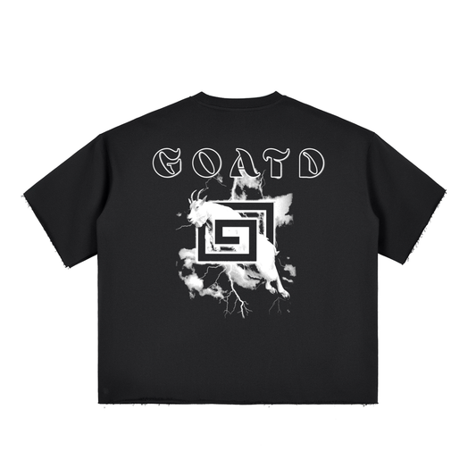 Back View of GOATD Raw Edge Tee in Black with Bold Back Graphic.