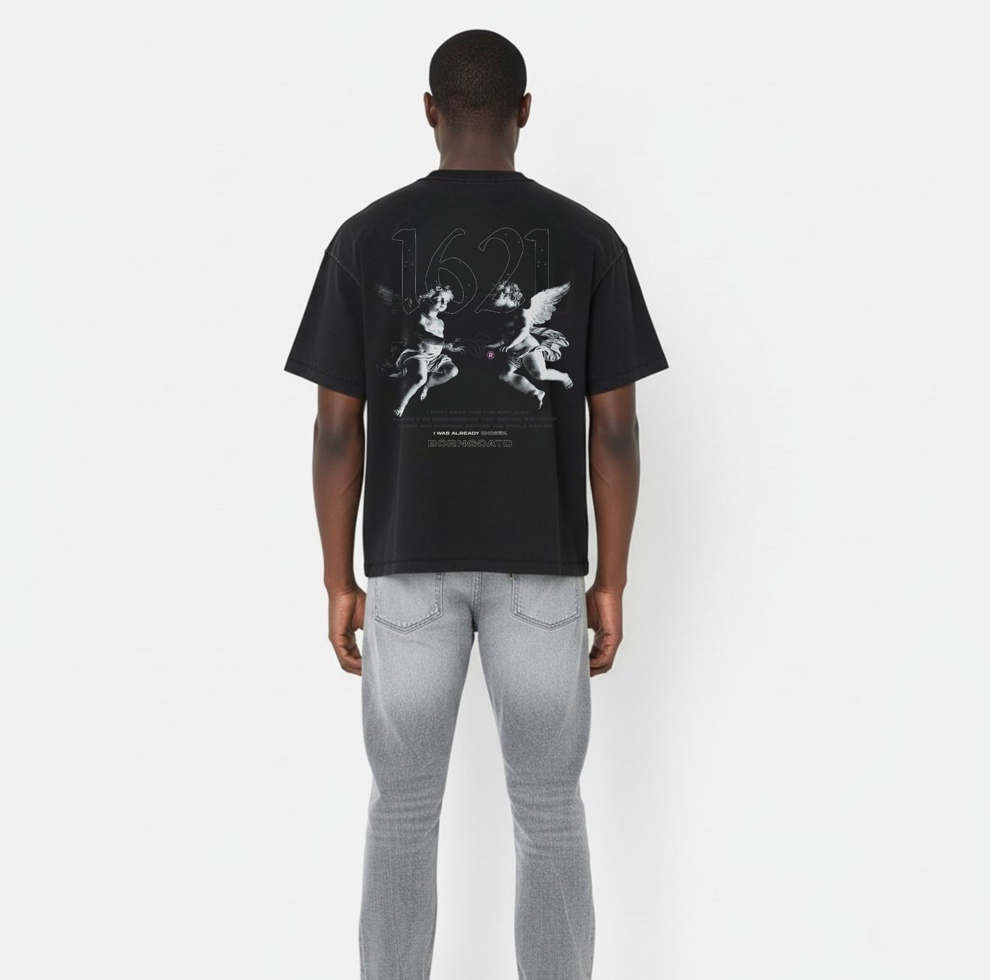 Back view of BORNGOATD 1621 Cherub II Tee featuring twin cherubs and brand manifesto