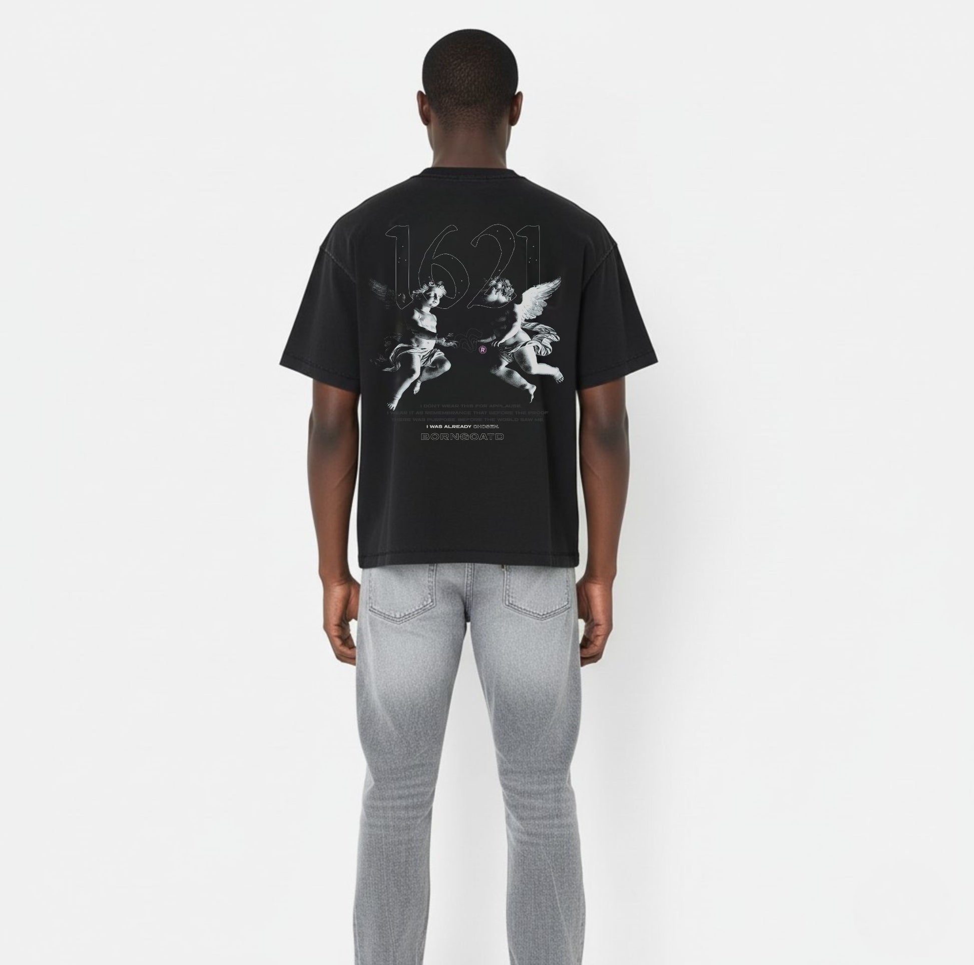 Back view of BORNGOATD 1621 Cherub II Tee featuring twin cherubs and brand manifesto