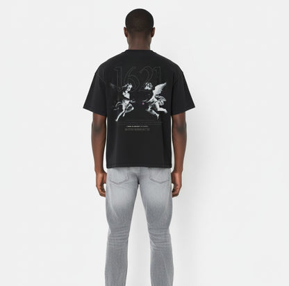Back view of BORNGOATD 1621 Cherub II Tee featuring twin cherubs and brand manifesto