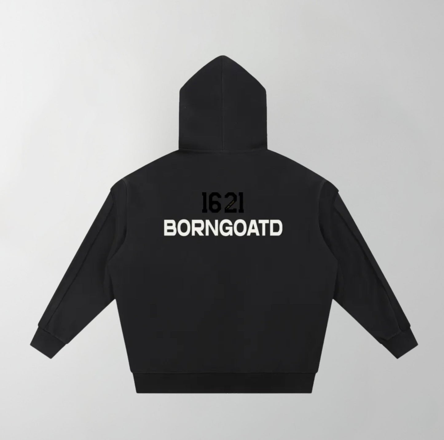 Front view of BORNGOATD 1621 Stamped x Approved Hoodie with bold chest logo and tape detailing