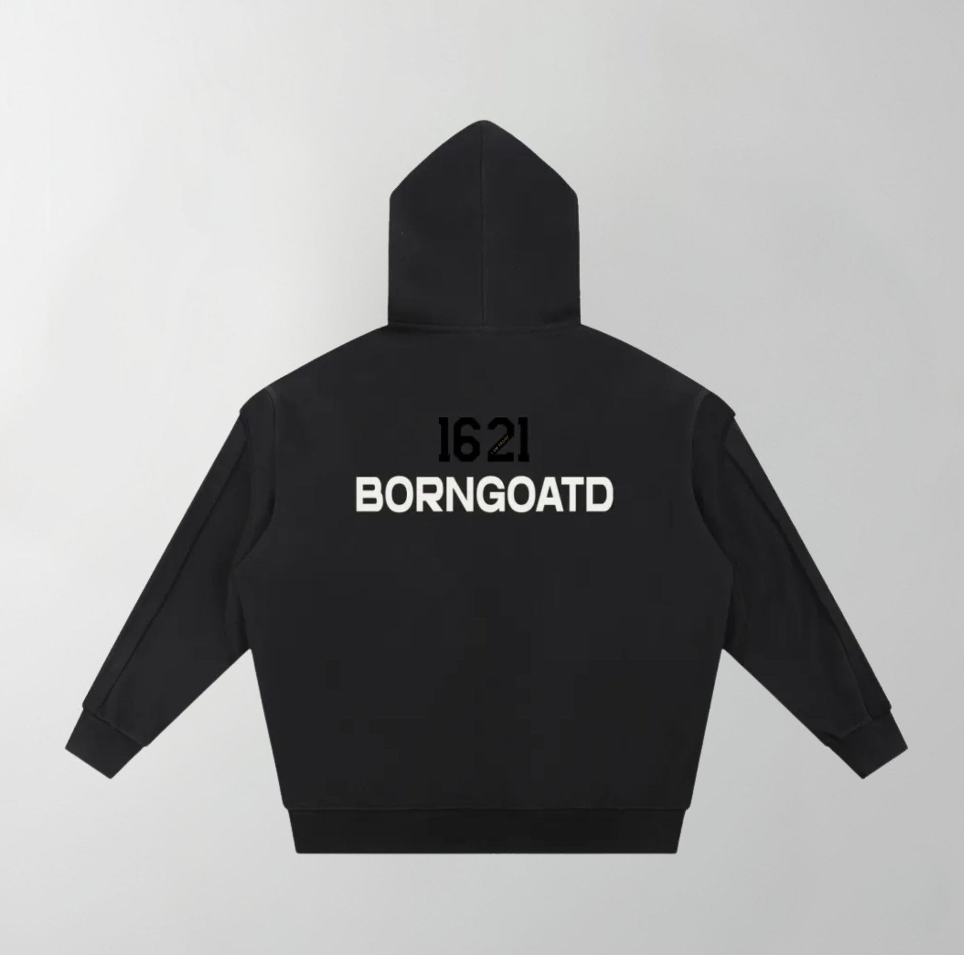 Front view of BORNGOATD 1621 Stamped x Approved Hoodie with bold chest logo and tape detailing