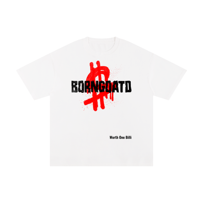 Front view of BORNGOATD Rich Spirit Tee with oversized graphic