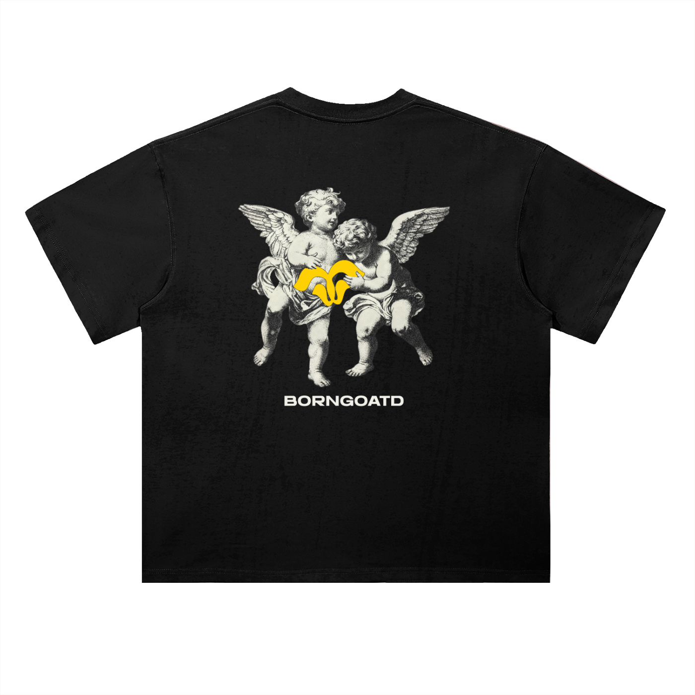 BORNGOATD white heavyweight drop shoulder t-shirt with front and back cherub artwork and premium screen print details