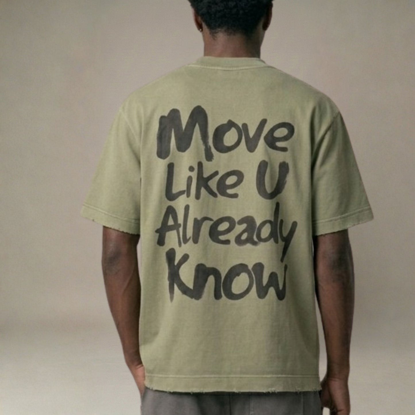 BORNGOATD heavyweight vintage washed frayed t-shirt with front chest logo and large Move Like U Already Know back graphic