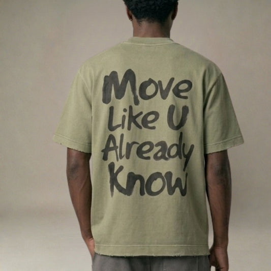 BORNGOATD heavyweight vintage washed frayed t-shirt with front chest logo and large Move Like U Already Know back graphic