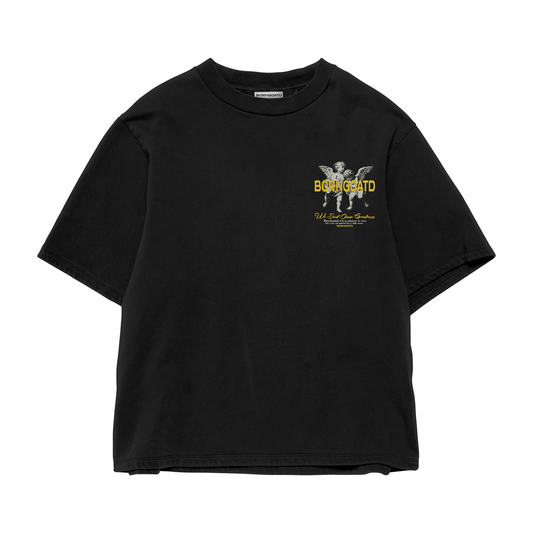 Front view of BORNGOATD Cherub Tee with yellow cherub graphic and logo