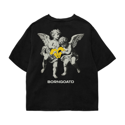Back view of Cherub Tee with large cherub artwork and BORNGOATD branding