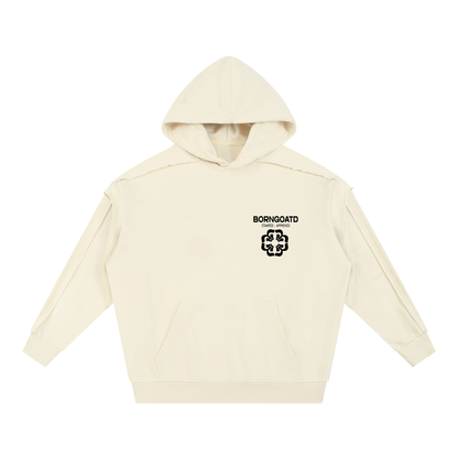 Front view of BORNGOATD Stamped x Approved Hoodie in cream with chest logo