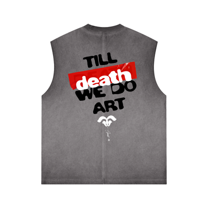 Close-up of raw-edge sleeveless design and heavyweight cotton texture
