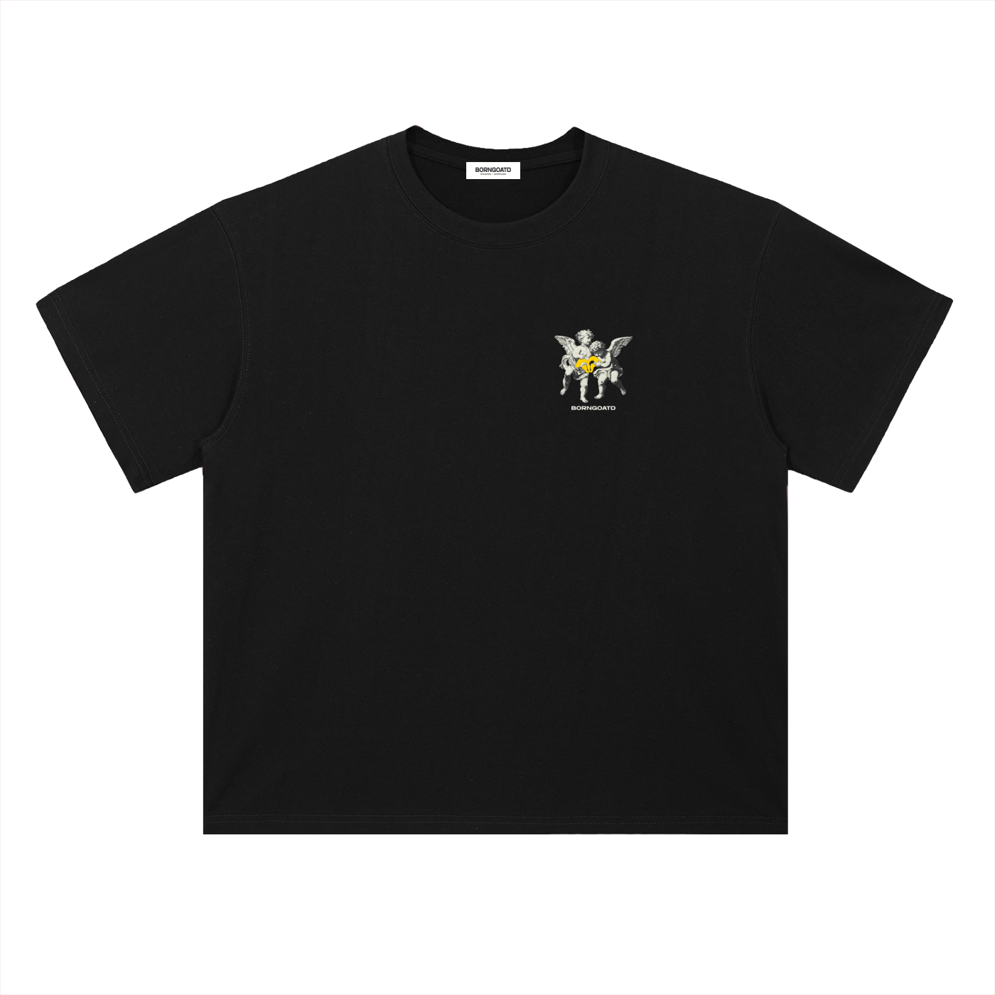 Black t-shirt with a small graphic on the chest against a white background