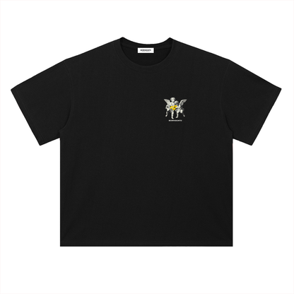 Black t-shirt with a small graphic on the chest against a white background