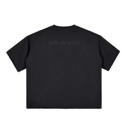 Close-up of Worth One Billie lettering on heavyweight tee