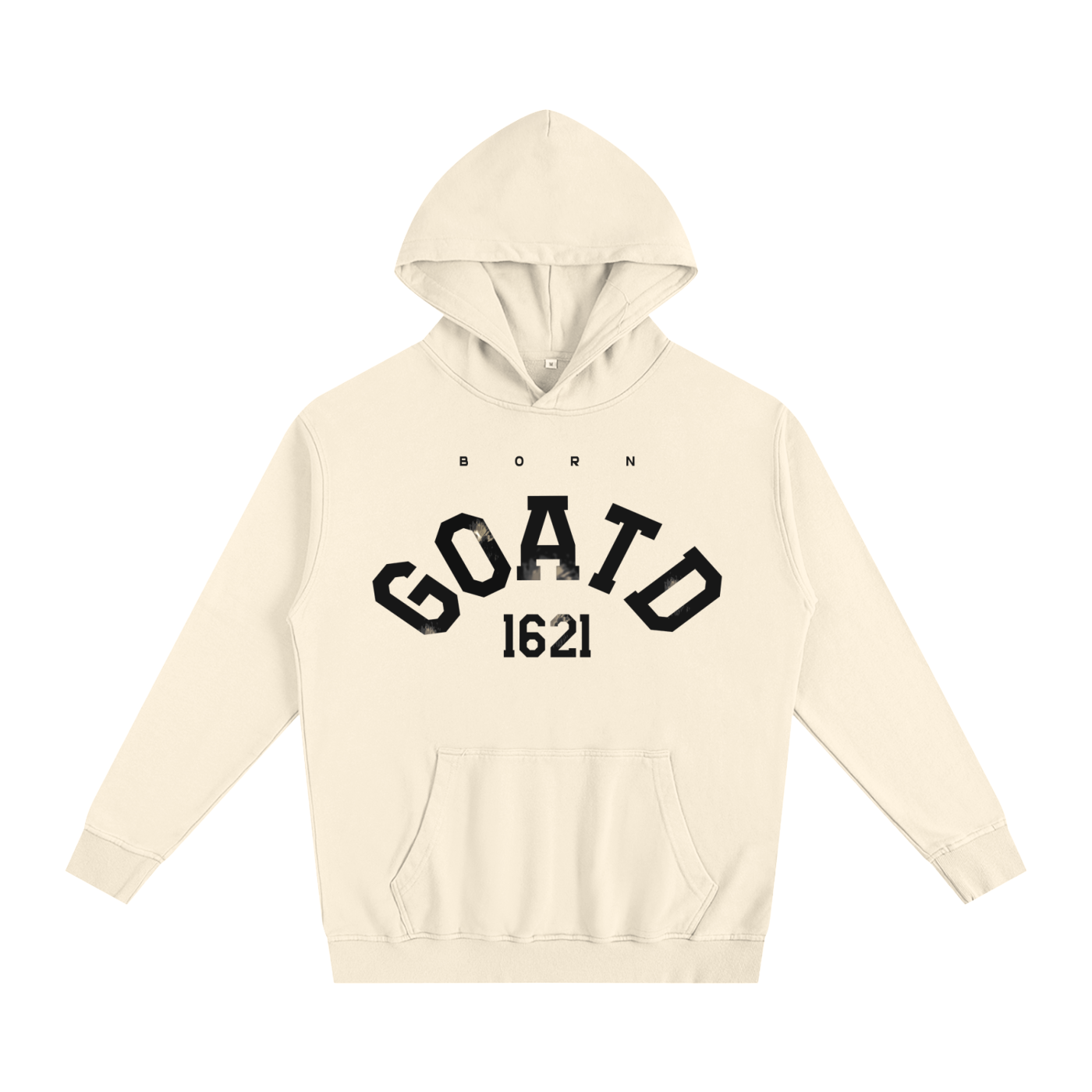 Front view of BORNGOATD GOATD 1621 Oversized Hoodie with collegiate graphic