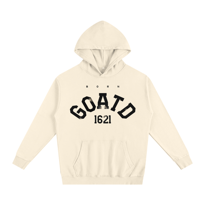 Front view of BORNGOATD GOATD 1621 Oversized Hoodie with collegiate graphic