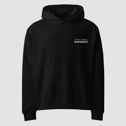 Front view of STAMPED X APPROVED Logo Hoodie with chest logo and sleeve graphics