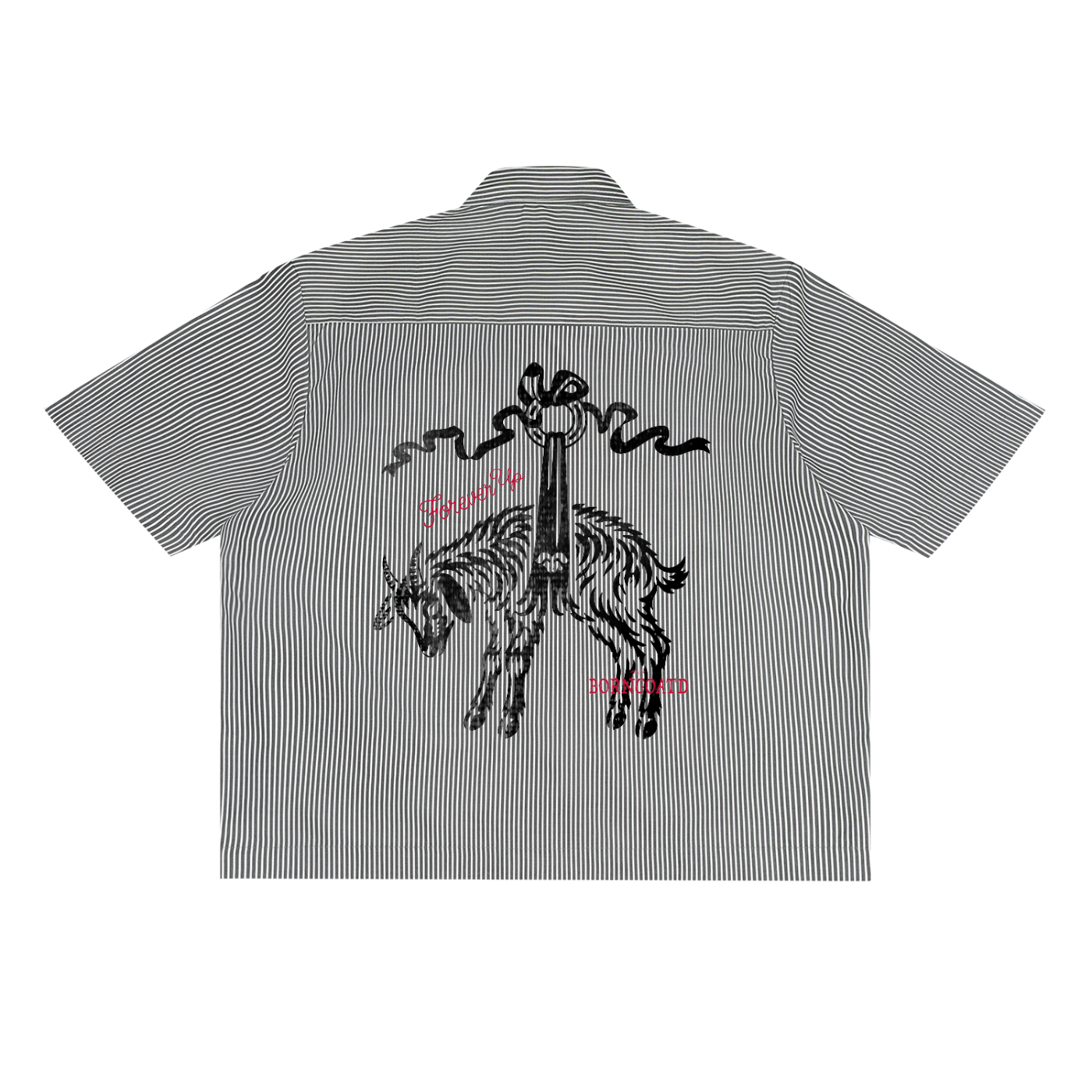 BORNGOATD Forever Up Stripe Work Shirt back view — full-back DTG goat and sword graphic with Forever Up script and BORNGOATD lettering in rose pink on pinstripe cotton