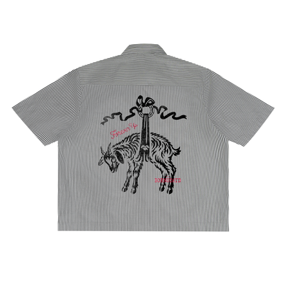 BORNGOATD Forever Up Stripe Work Shirt back view — full-back DTG goat and sword graphic with Forever Up script and BORNGOATD lettering in rose pink on pinstripe cotton