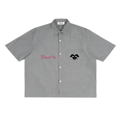BORNGOATD Forever Up Stripe Work Shirt front view — oversized black and white pinstripe button-up with Forever Up DTG print and logo on chest pocket