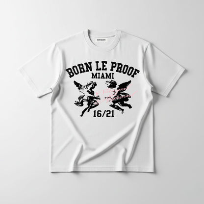 Front view of BORNGOATD Born Le Proof 1621 Tee with cherub and Stamped x Approved artwork