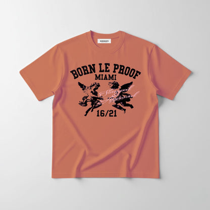 Front view of BORNGOATD Born Le Proof 1621 Tee with cherub and Stamped x Approved artwork