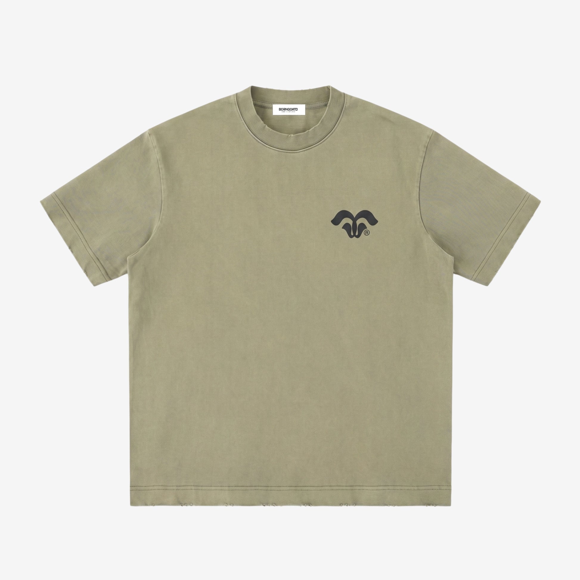 Khaki t-shirt with a black logo on a white background