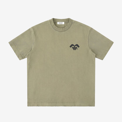 Khaki t-shirt with a black logo on a white background